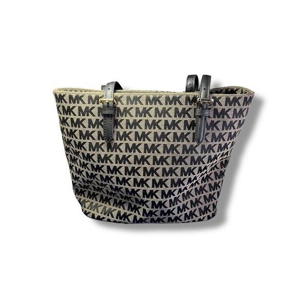 Michael Kors Monogram MK Medium Jet Set Tote Bag Khaki Canvas with Leather Trim - Picture 5 of 9